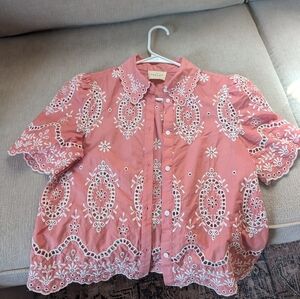 Embroidered Pink Eyelet Button-Up Blouse